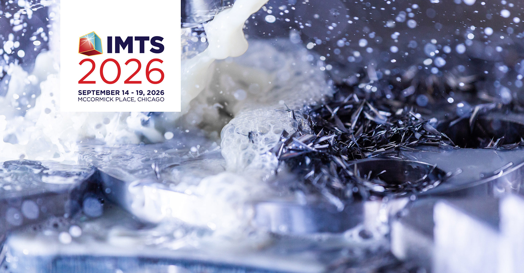 IMTS 2026 logo with coolant and chips in the background